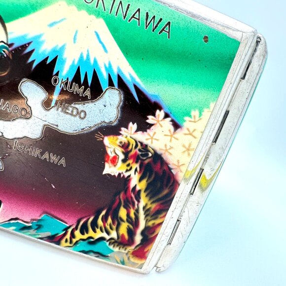 Enamel Cigarette Case Memory Of Okinawa Japan Map 3.75" Silver Tone Vintage - Picture 4 of 10